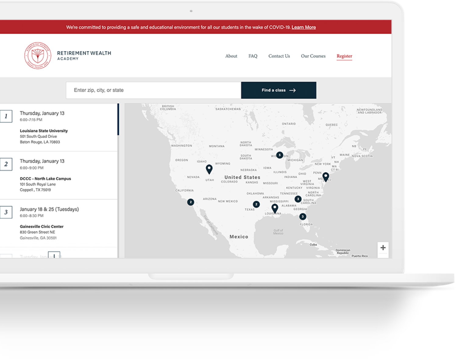 retirement wealth academy, map locations, united states retirement class locations